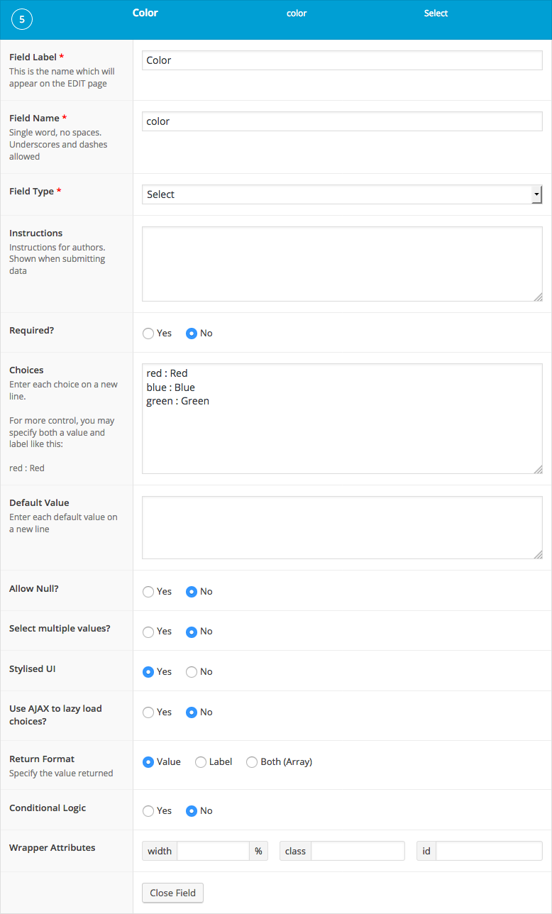 List of settings shown when creating a Select field