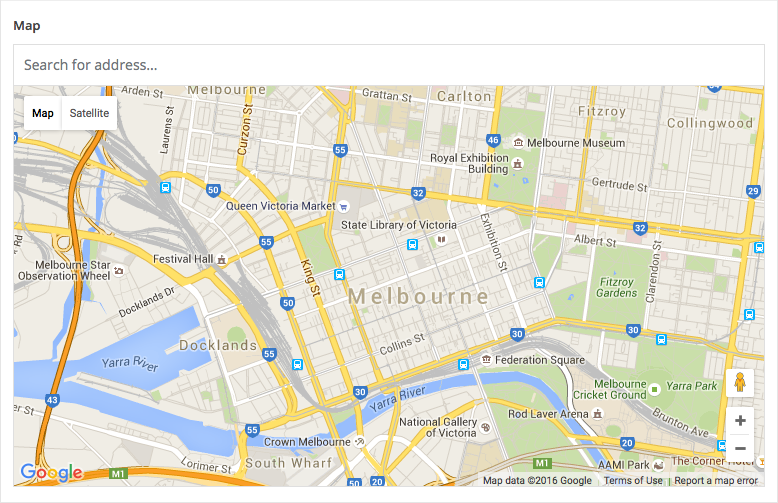 a Google Map field displaying a sample map