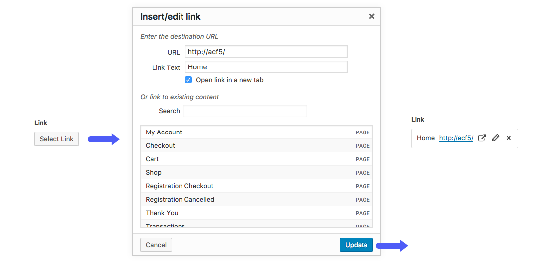 A Link field that allows you to enter a new URL or choose an existing link from a list