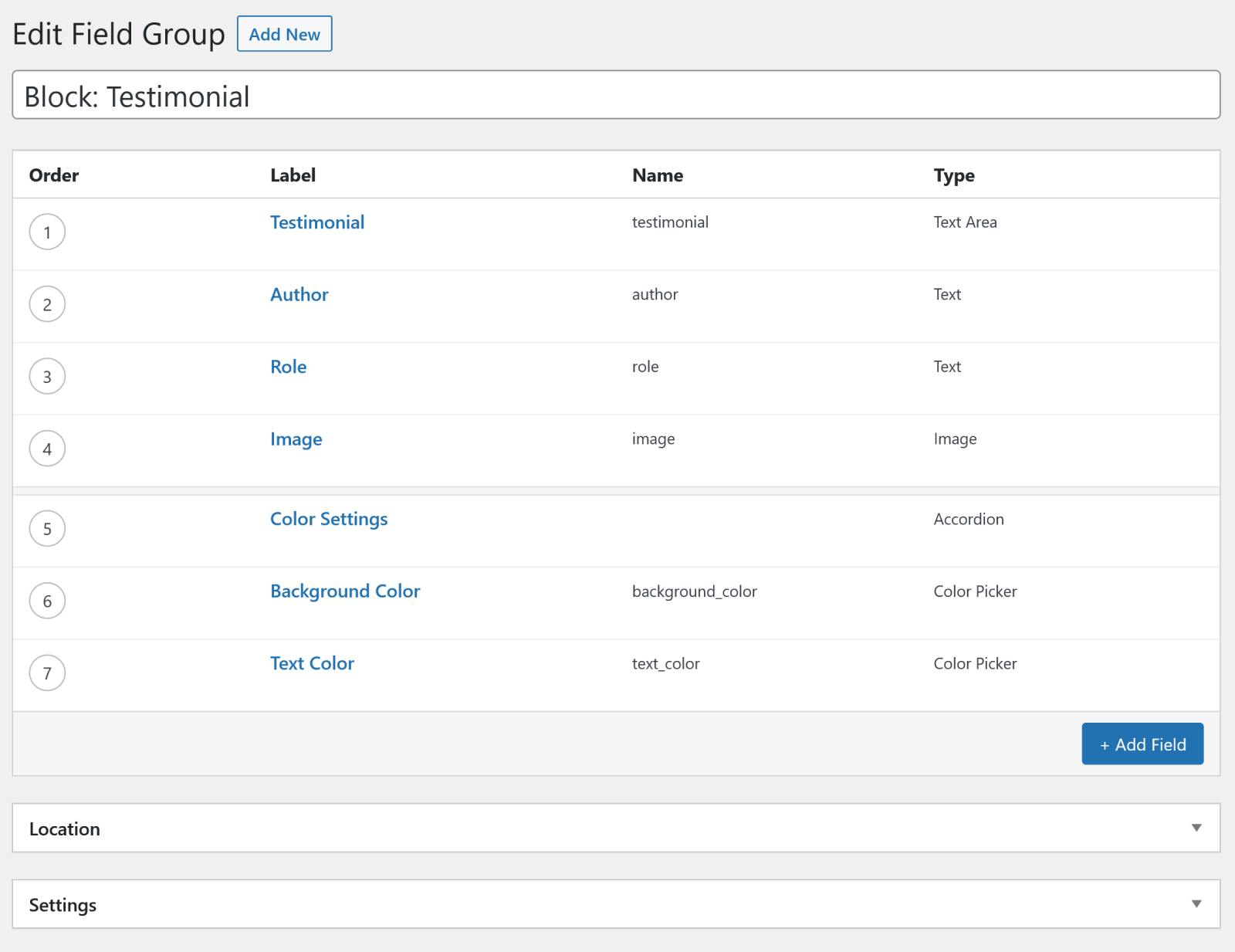 Creating a field group in ACF PRO.