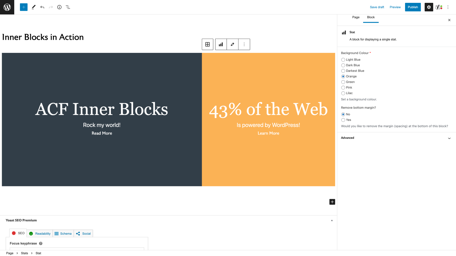 The block editor containing a custom ACF block using Inner Blocks and custom block controls. 