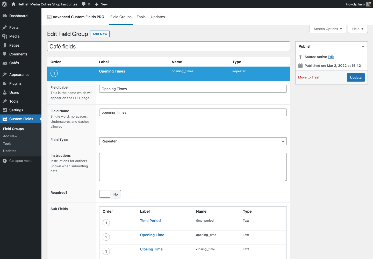 A screenshot showing the field group settings for the cafe custom post type.