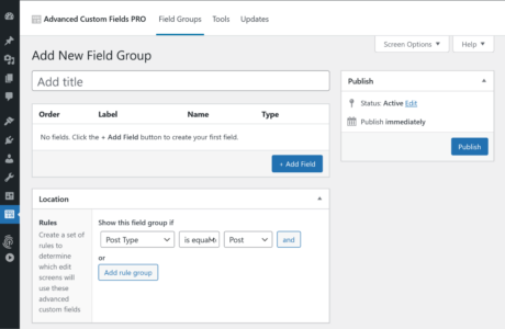 Adding a new field group in ACF. ACF uses a custom post type to define field groups.
