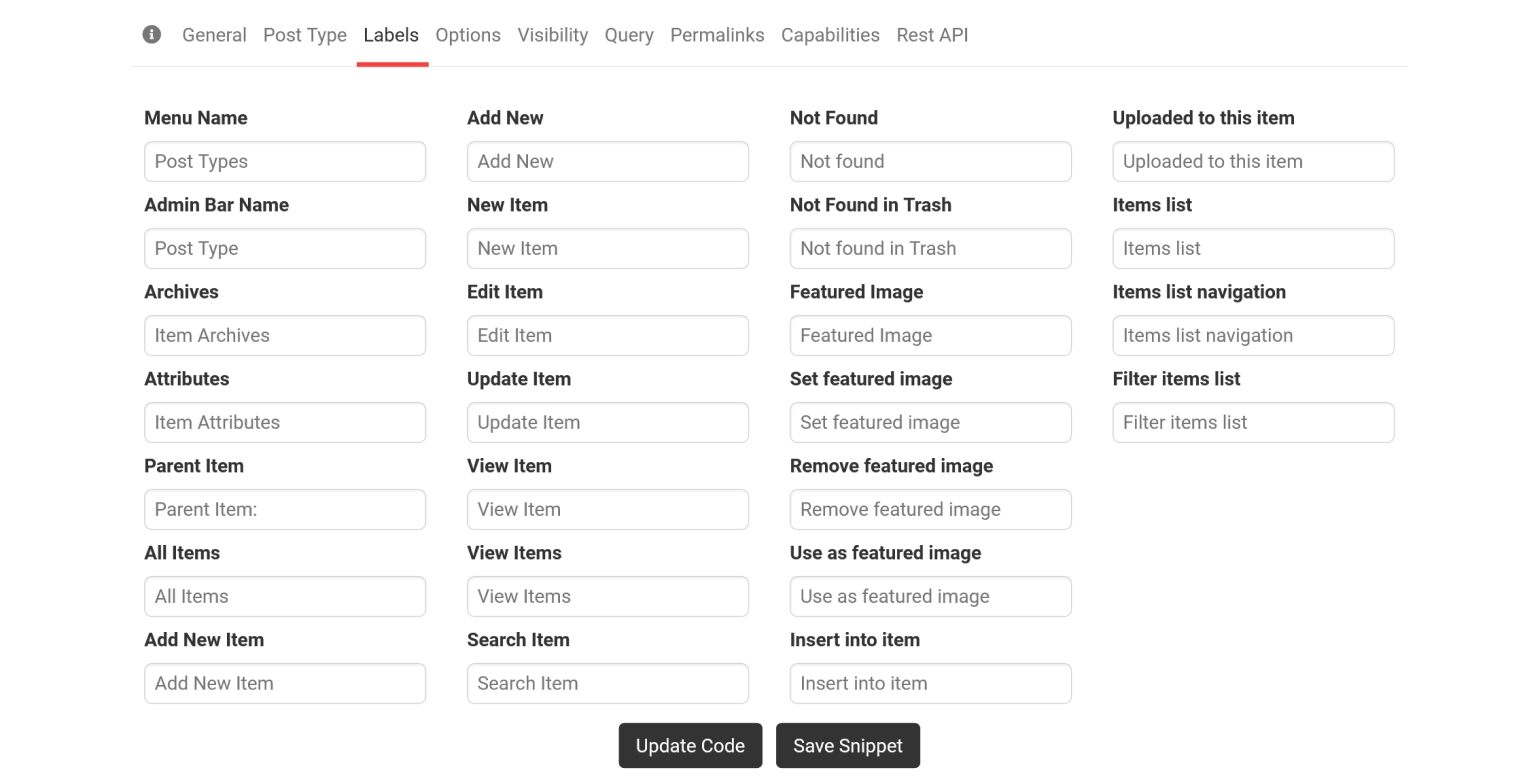 The Labels tab in GenerateWP allows you to assign labels to your custom post type.