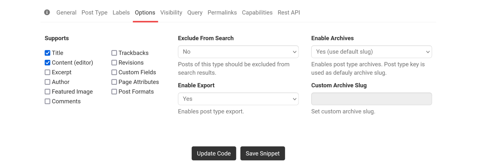 The Options tab in GenerateWP allows you to decide which parts of the CPT will be editable.