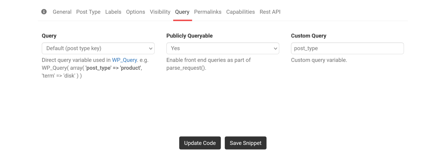 Configuring how WP_Query will interact with a new CPT in GenerateWP.