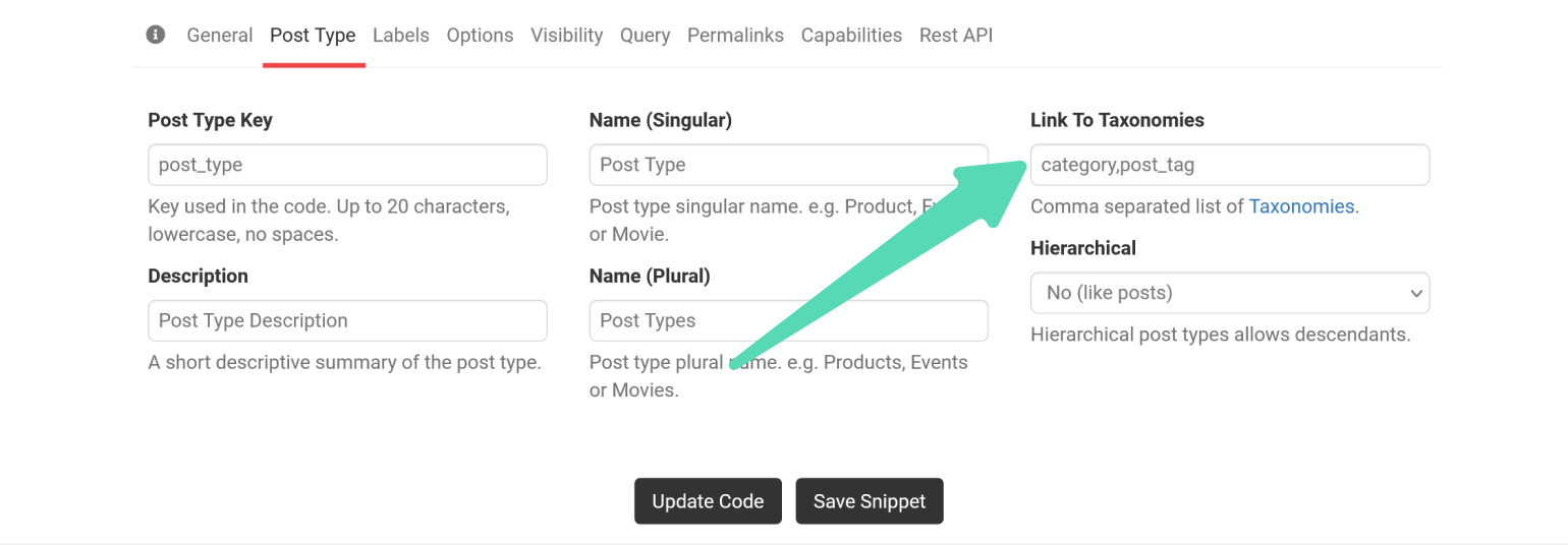 Highlighting the Link to Taxonomies field on the Post Type tab on GenerateWP. 