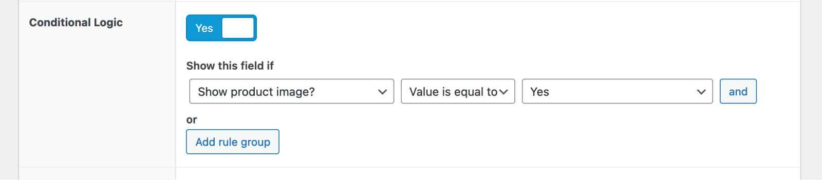 The ACF conditional logic settings.