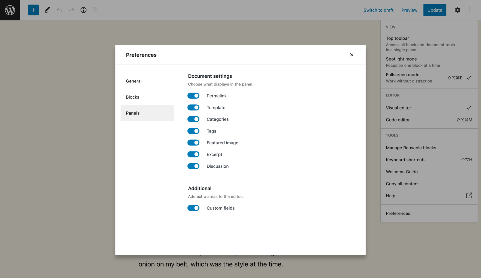 Enabling custom fields in the block editor.