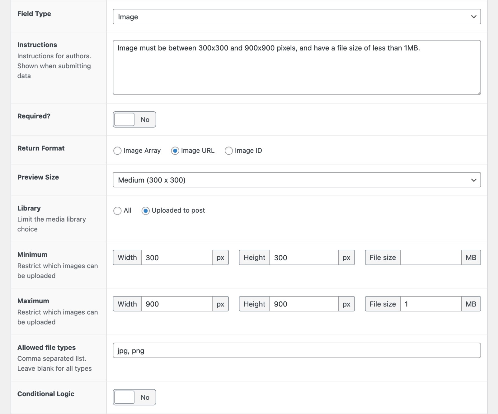 The settings for an ACF image field.