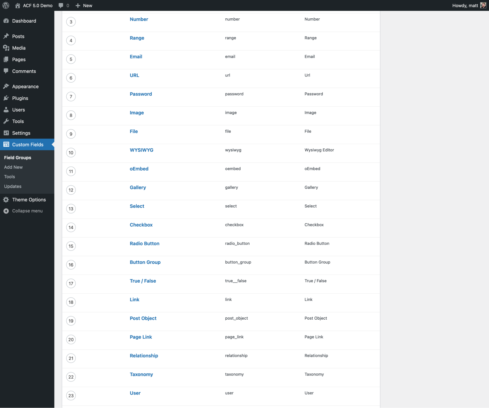 A large number of fields in ACF 5.