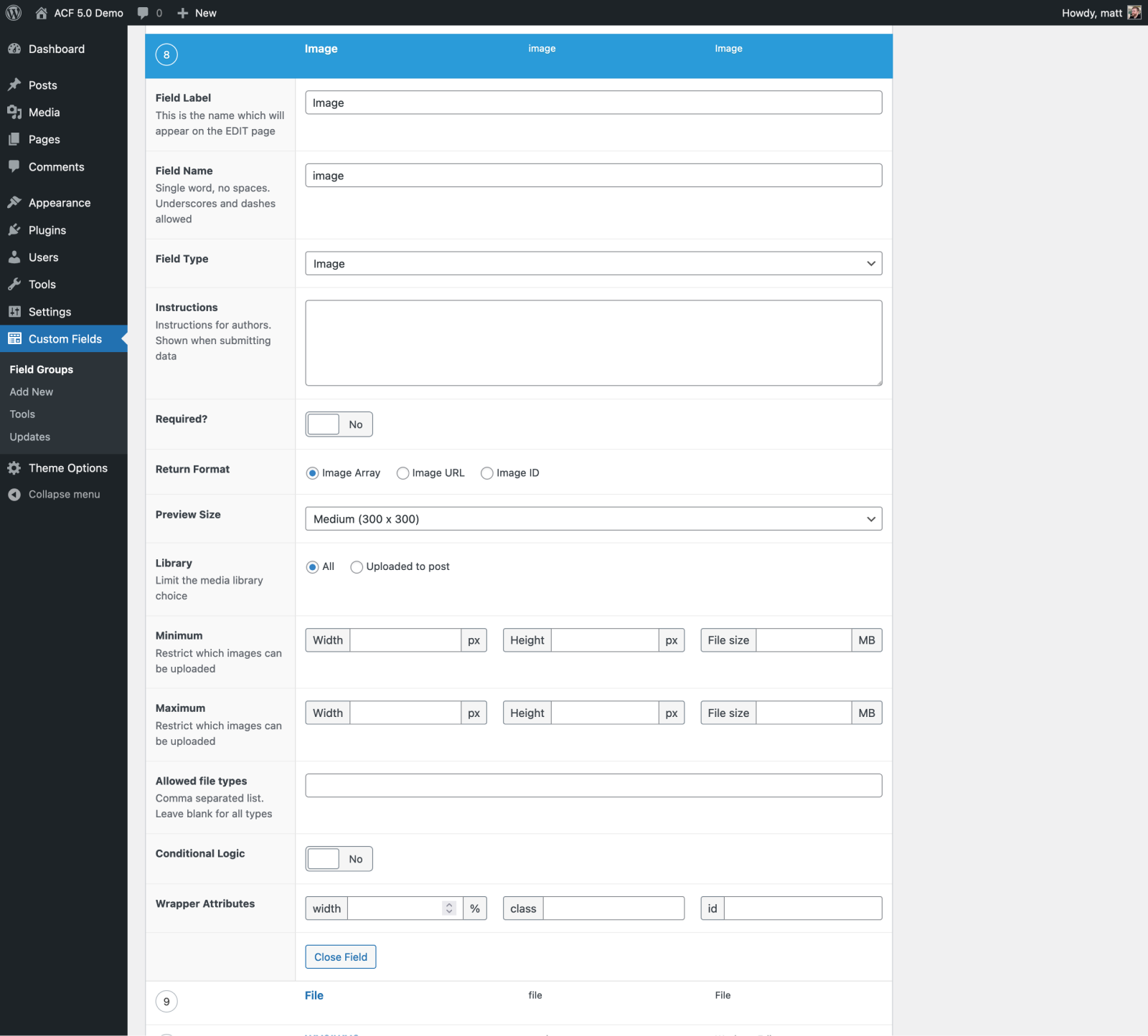 The field type settings in ACF 5.