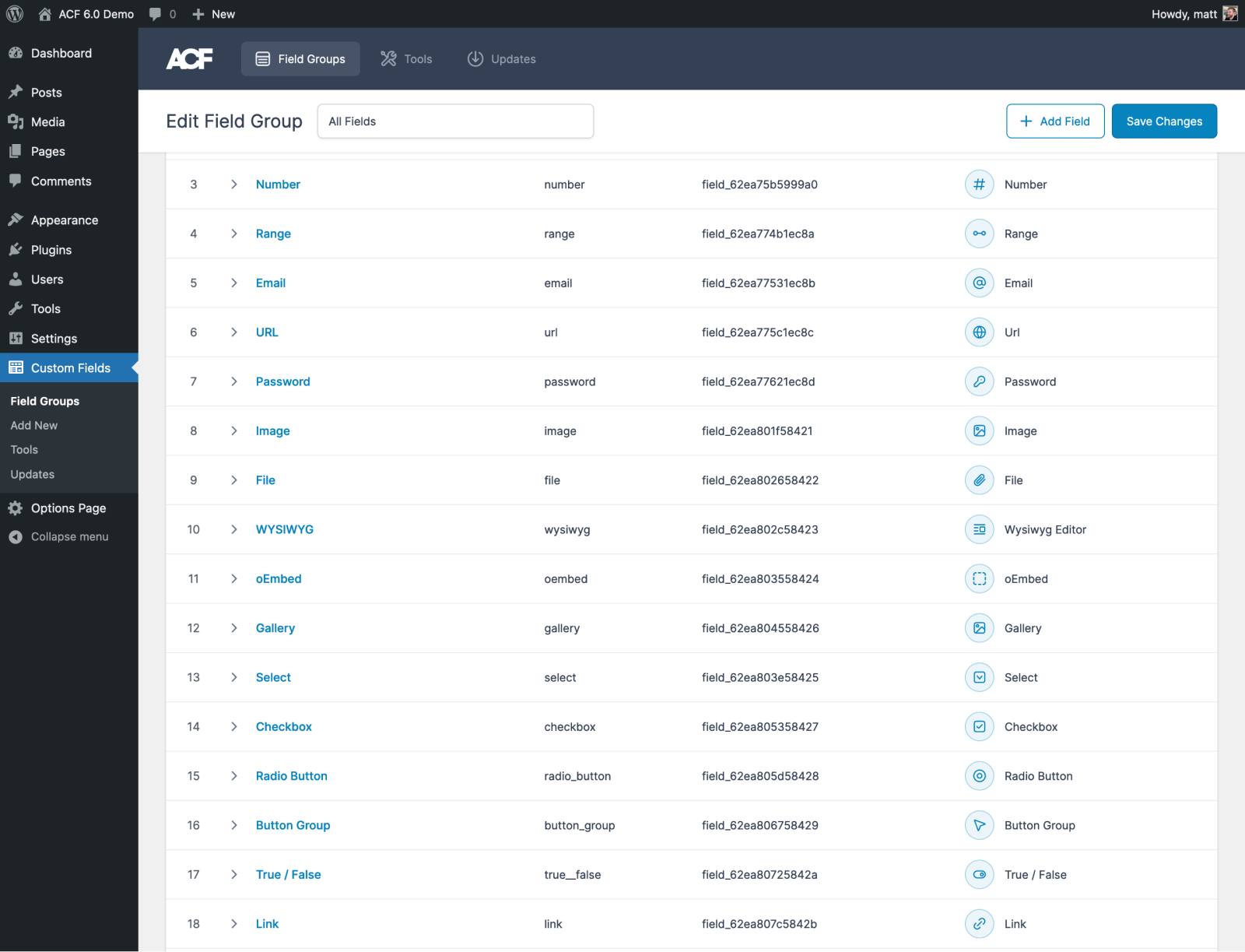 A large number of fields in ACF 6, with a new sticky header bar.