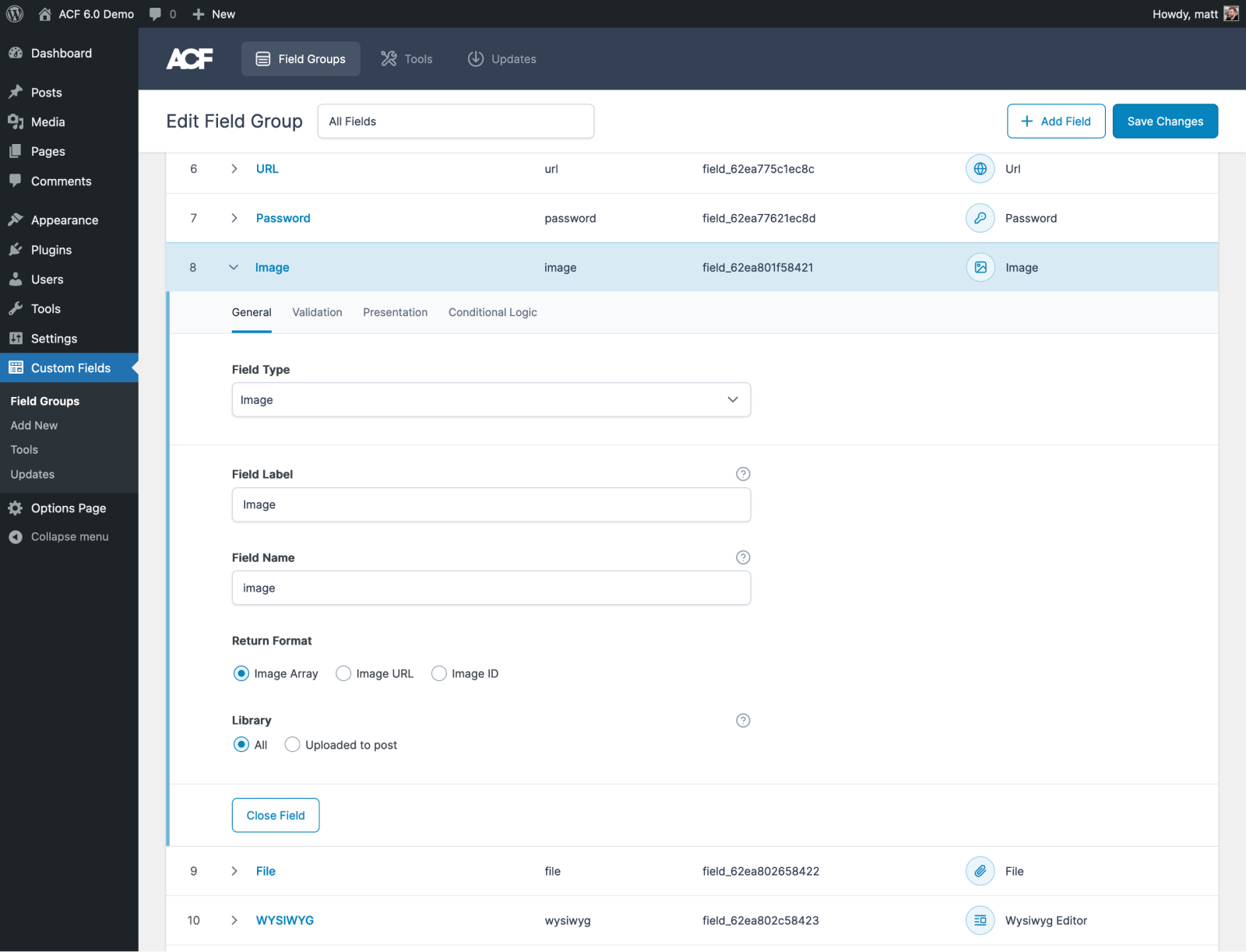 The field type settings in ACF 6