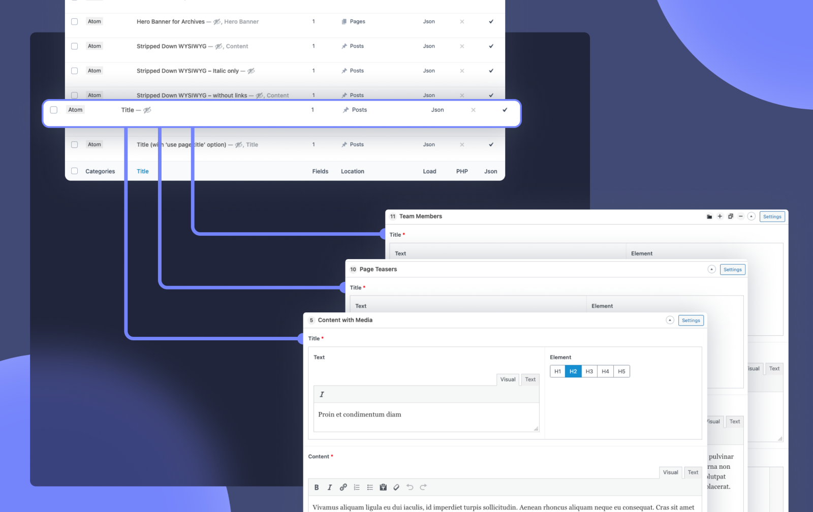 Part of Rareloop’s ACF-enabled page builder, showing how content creators can select between various “atoms” in the form of ACF field groups. The “Title” atom is highlighted, and is shown to consist of “Team Members”, “Page Teasers”, and “Content with Media”.