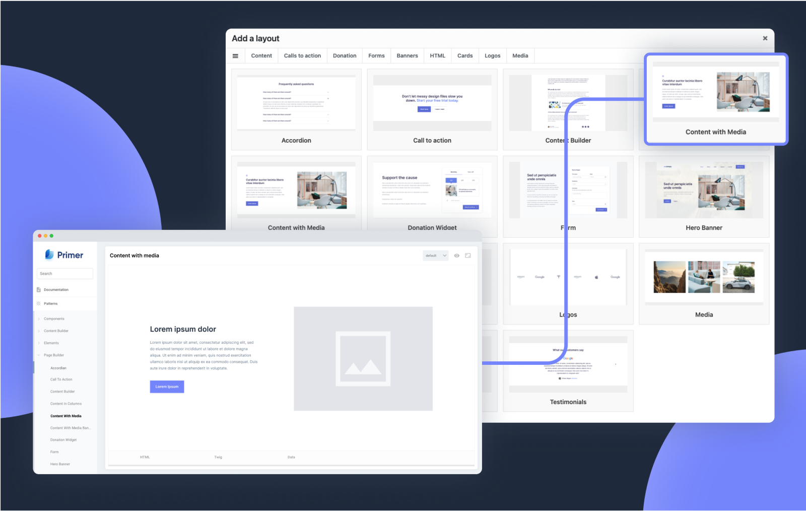 The “Add a layout” screen of the Rareloop page builder, with an inset showing the “Content with Media” screen.