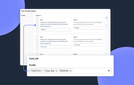 A view of Rareloop’s product page UI, showing “Fork Lift field options”. Content editors can select the fields that will appear in the product’s profile via the use of ACF’s Repeater field.