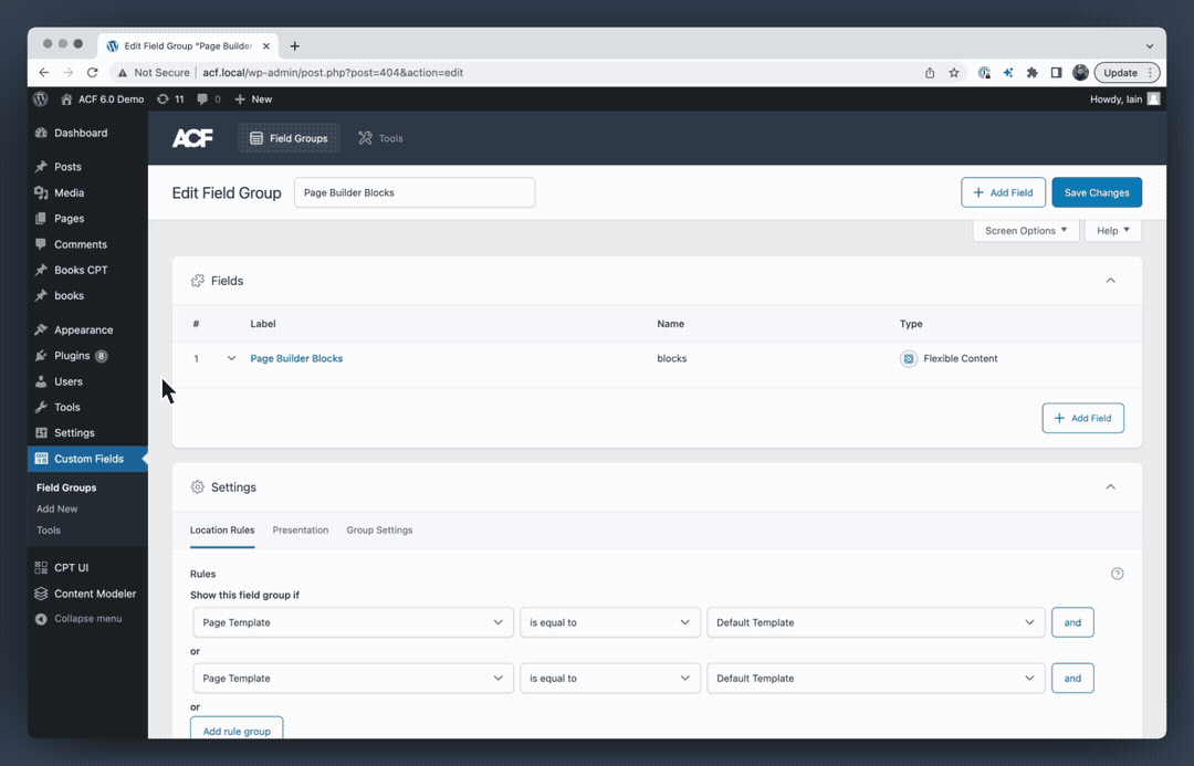 Editing Flexible Content field layouts with ACF 6.0.6.