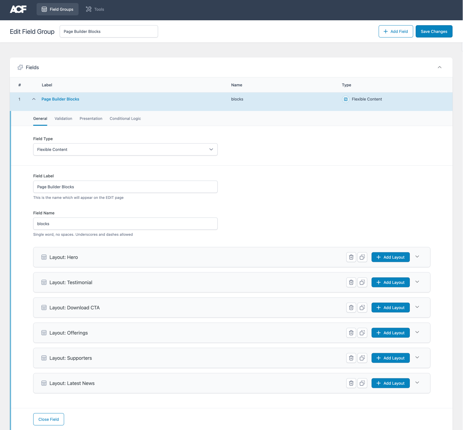 Flexible Content field layouts on ACF 6.0.6.