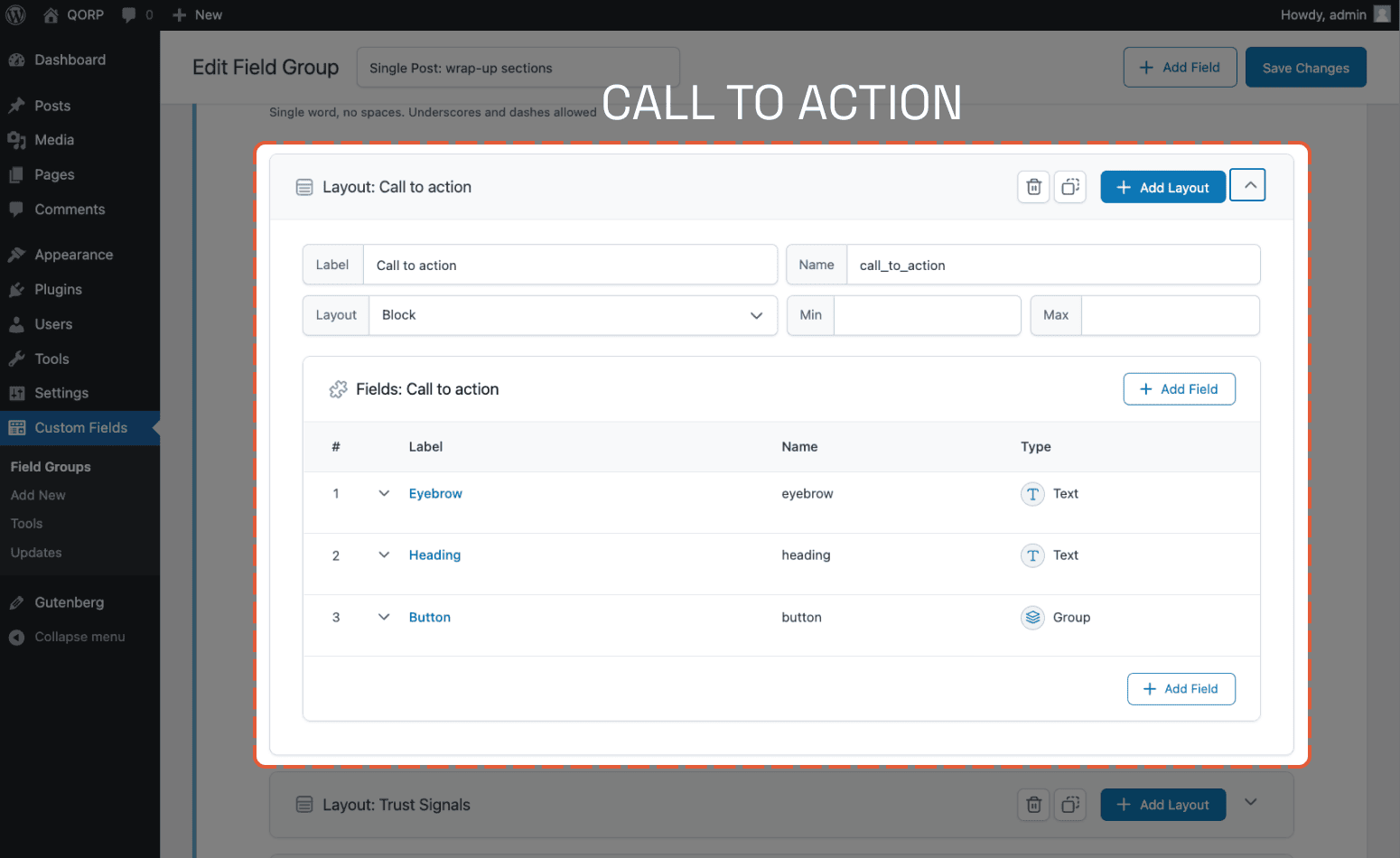 Flexible Content subfields for Call to Action section.