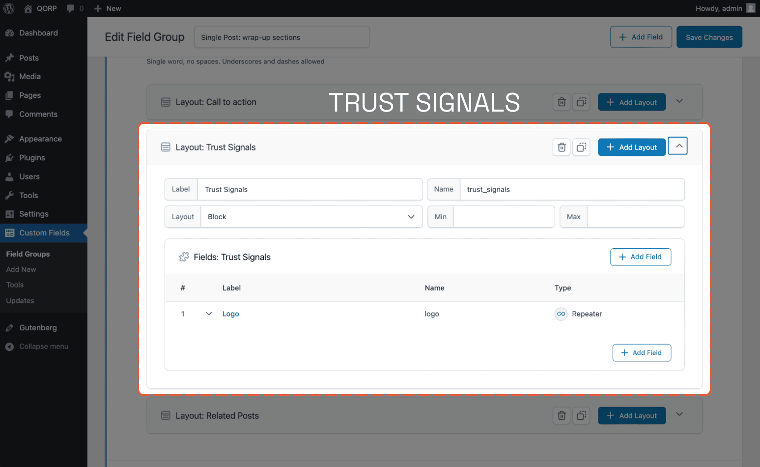 Flexible Content subfields for the Trust Signals section, which is used to display affiliated company logos.