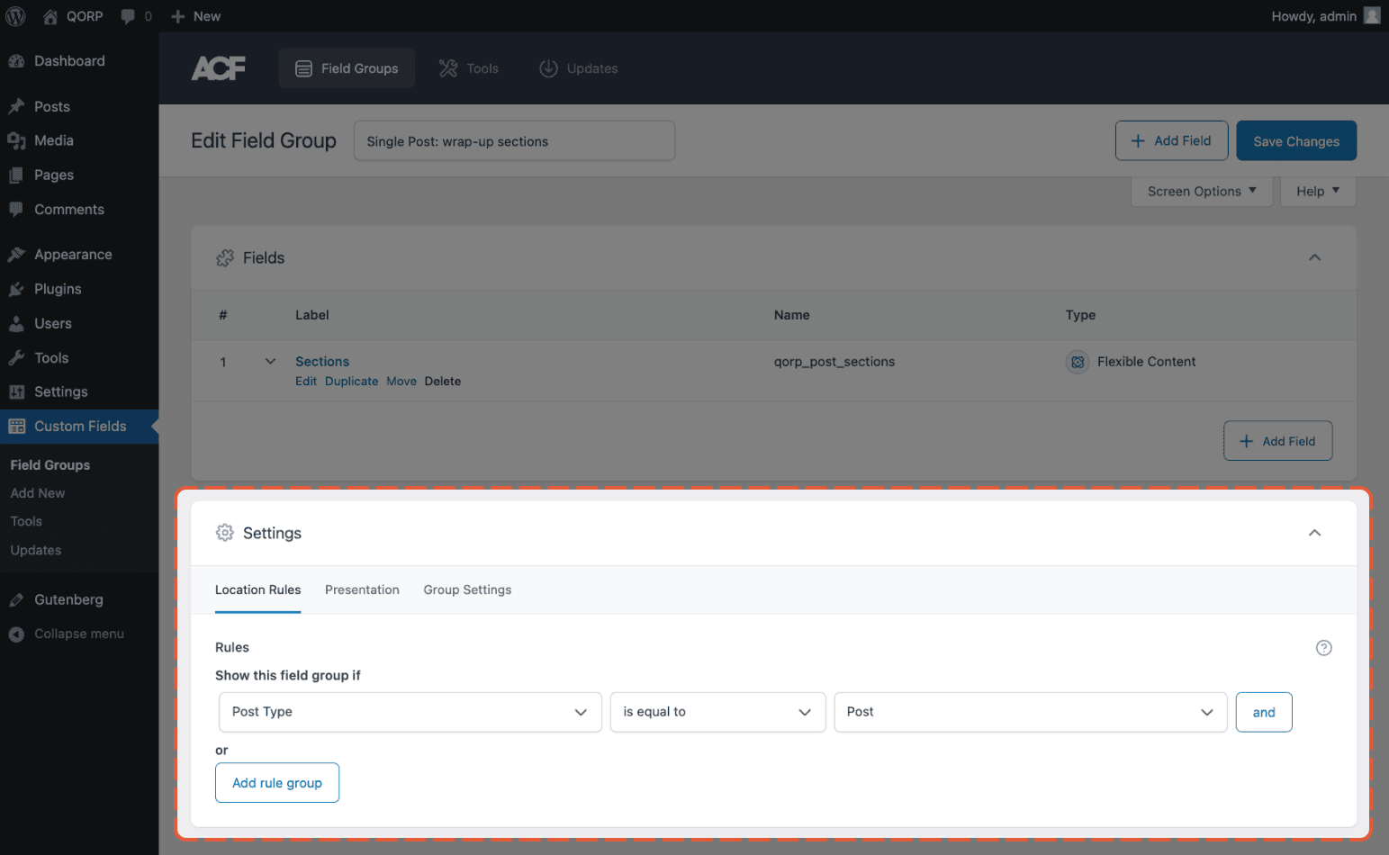 ACF field group edit screen with Settings > Location Rules highlighted.