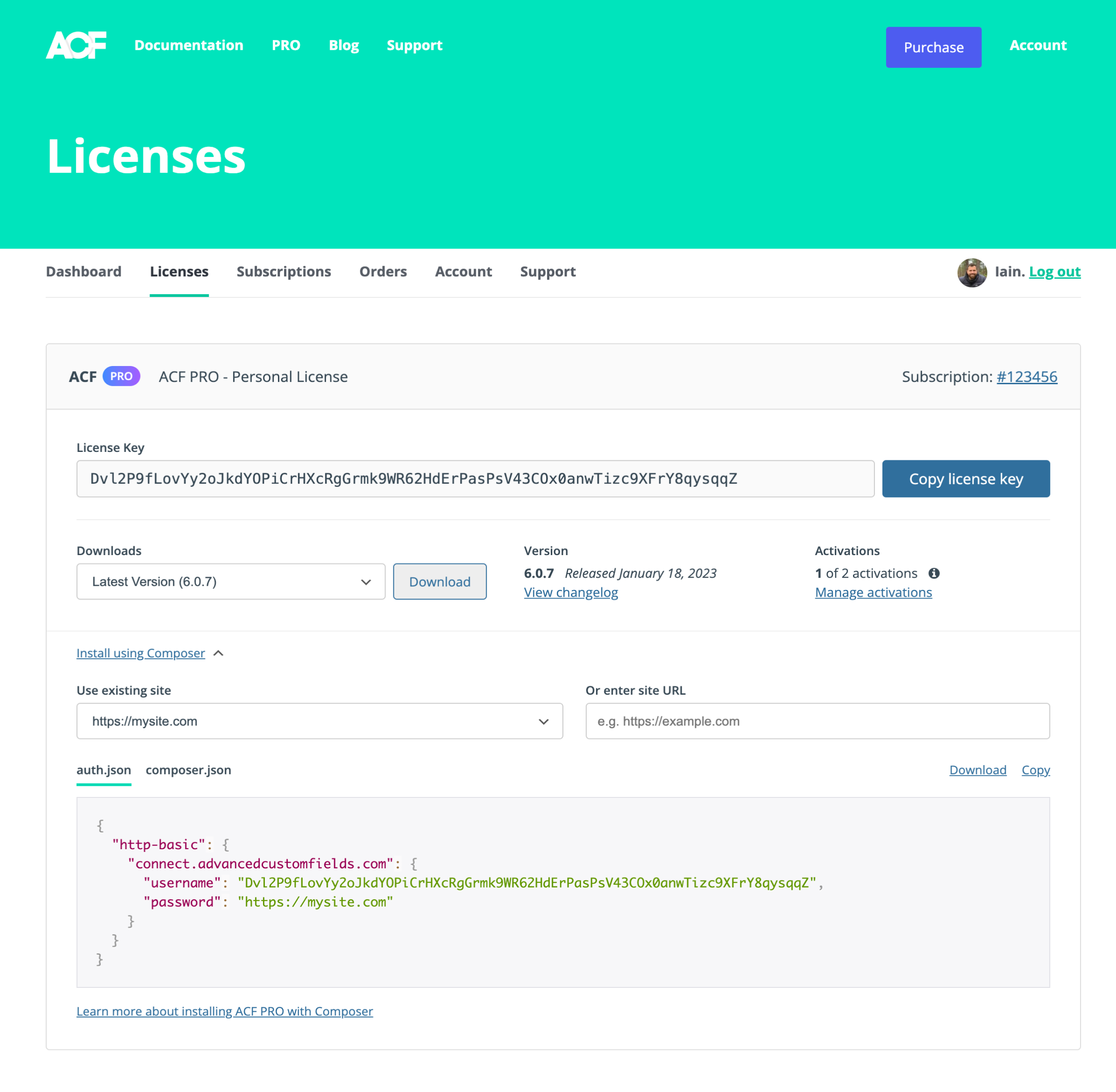 ACF My Account Licenses screen with Composer installation.