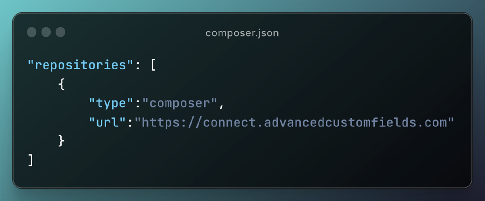 A terminal window showing a composer.json file for ACF.