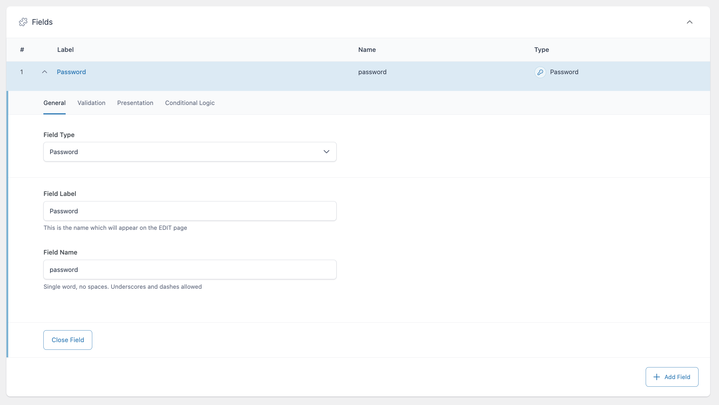 Creating a Password field in the ACF UI.