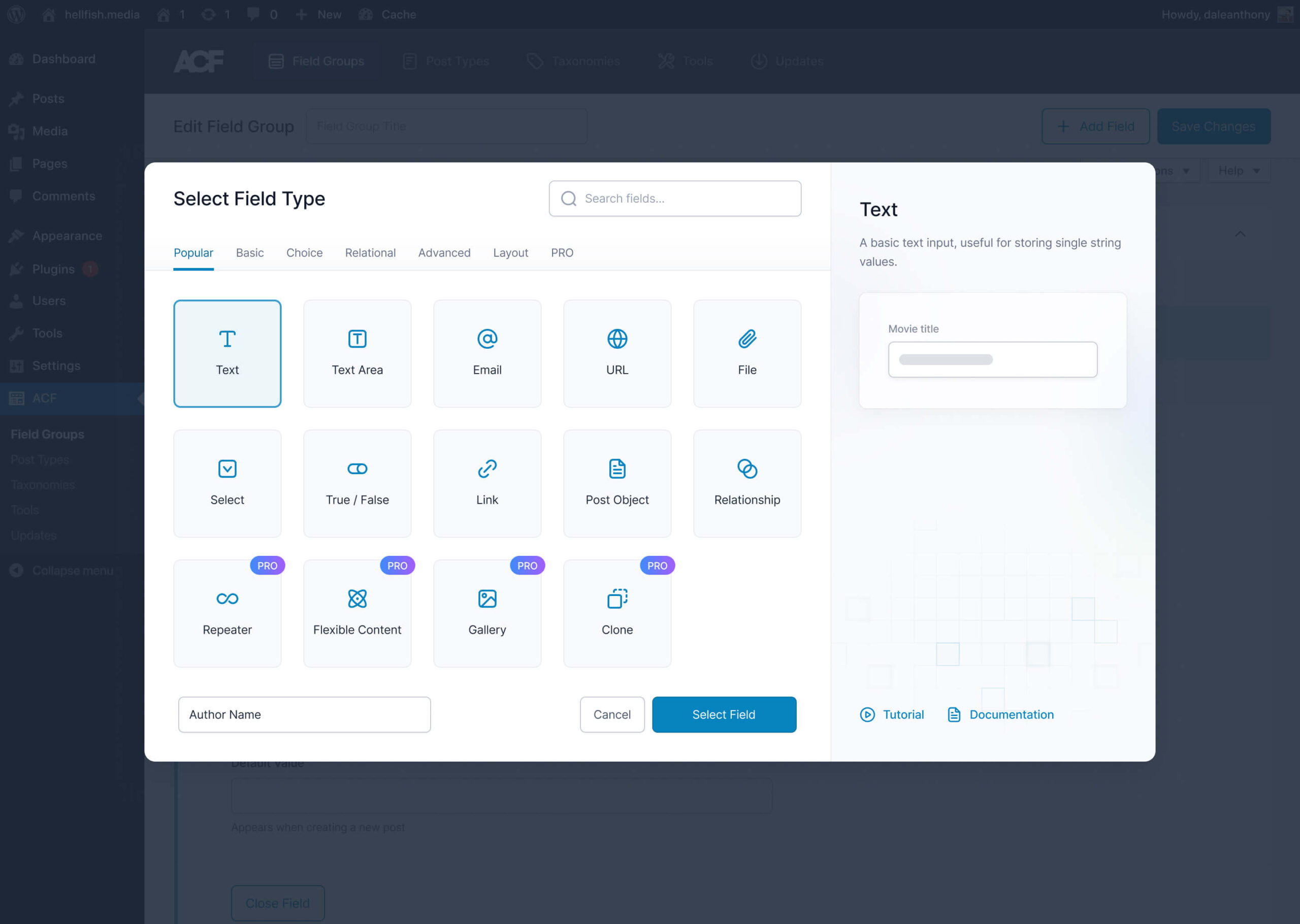 A new modal in ACF 6.1 gives more information about field types and provides links to documentation and tutorials. 