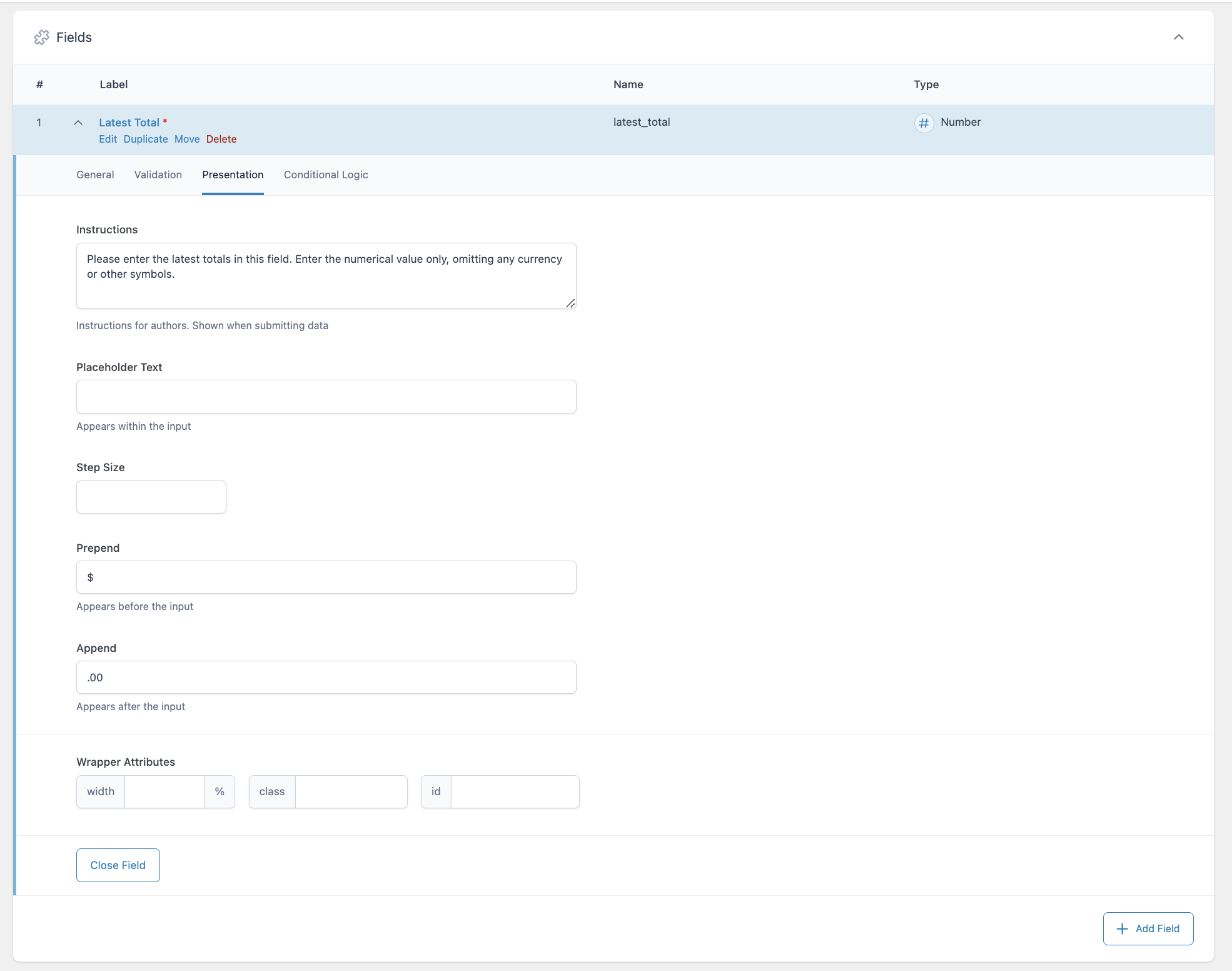 The Presentation tab of the Number field allows you to provide instructions to content editors, show placeholder text, set step size (increments), add characters before and after the input, and define wrapper attributes. 