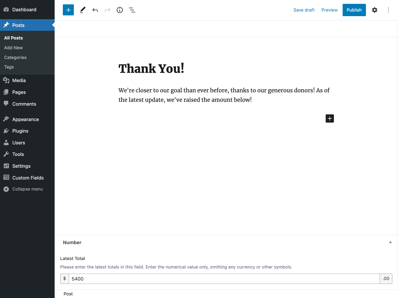 How the Number field is displayed to content editors in WP Admin.