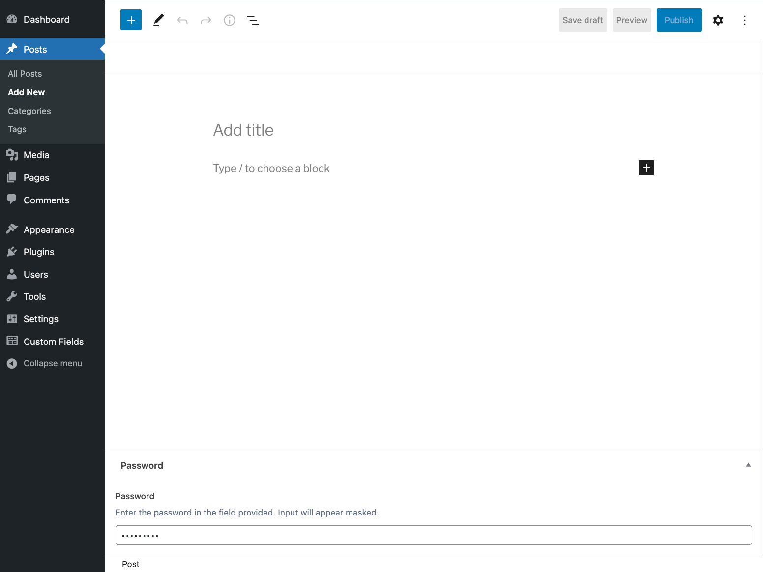 How the password field might appear to content editors. Instructions added in the Presentation tab are visible here. 