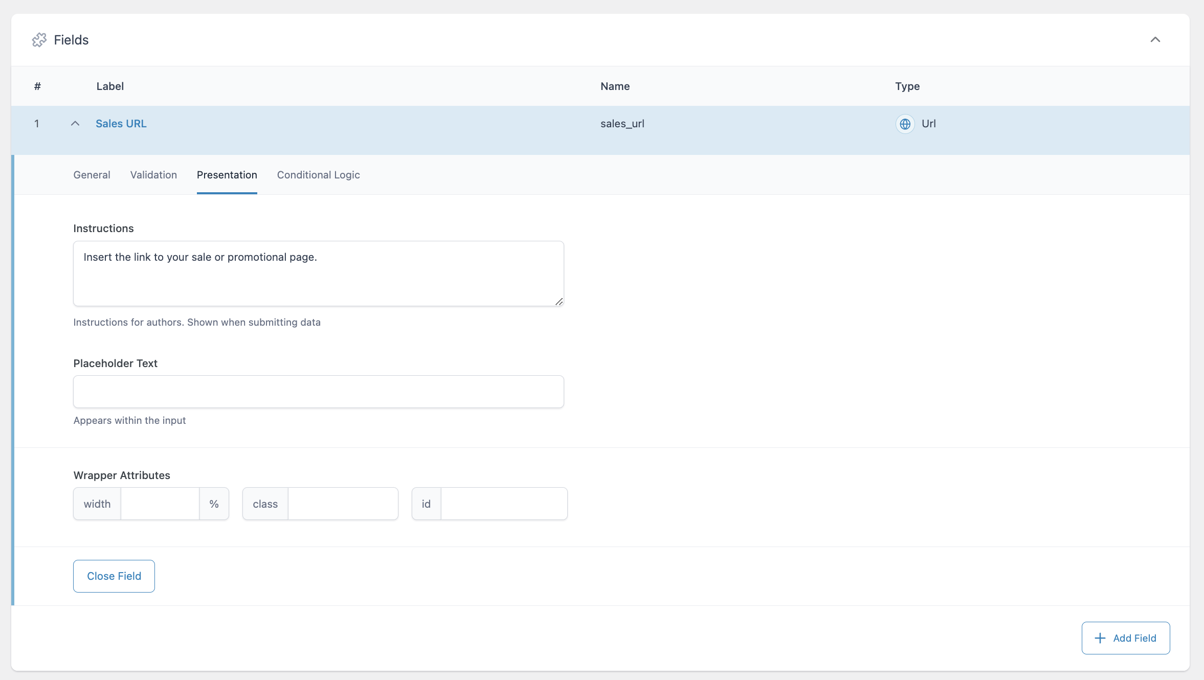 The Presentation tab of the Url field allows you to provide instructions to content editors, show placeholder text, and define wrapper attributes.  