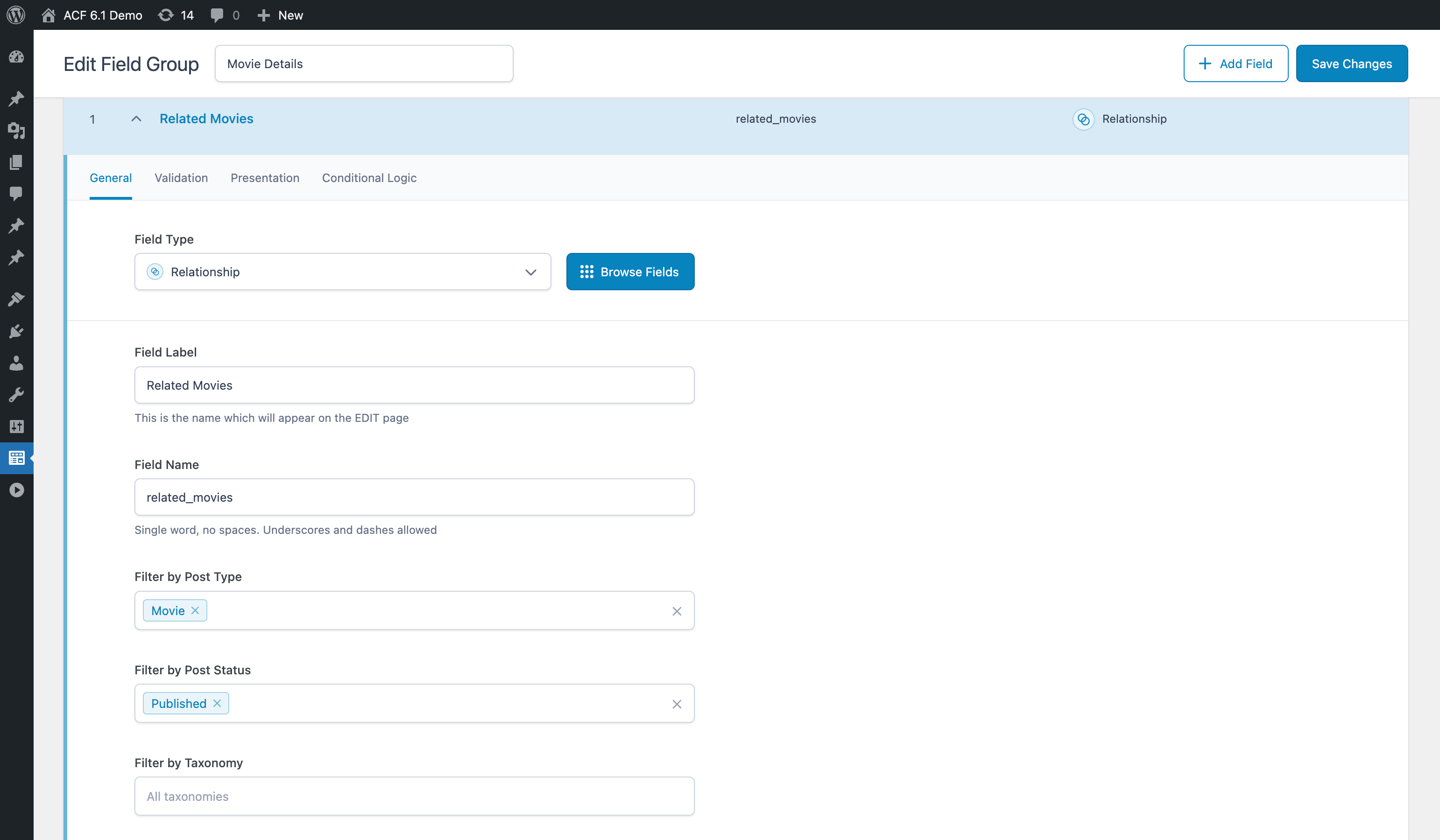 Post status filter for post object fields in ACF 6.1.