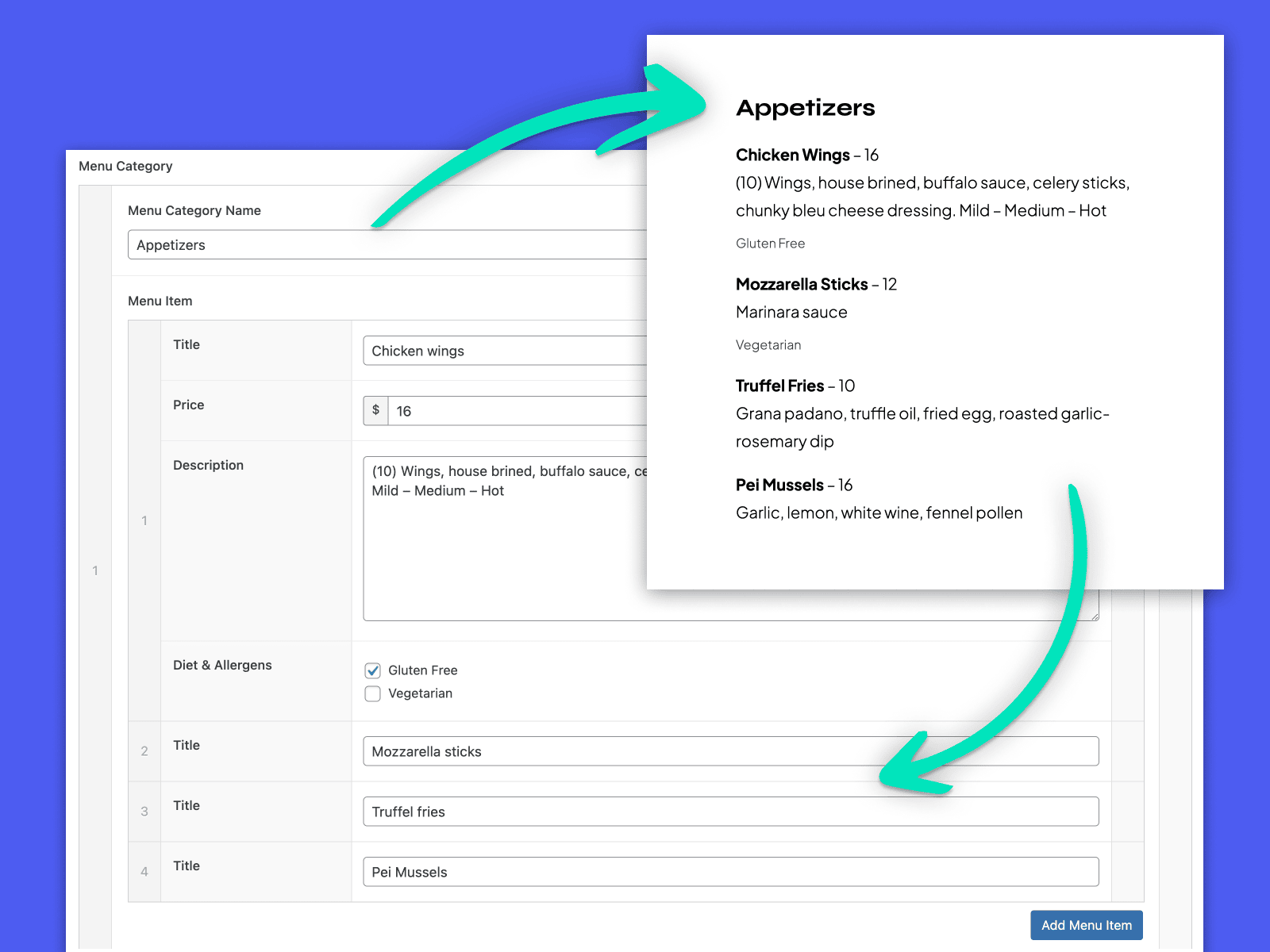 Defining individual menu items under the “Appetizers” category. Each menu item is a nested Repeater field. This allows the client to edit their menu as needed, while ensuring changes fit within the existing design.