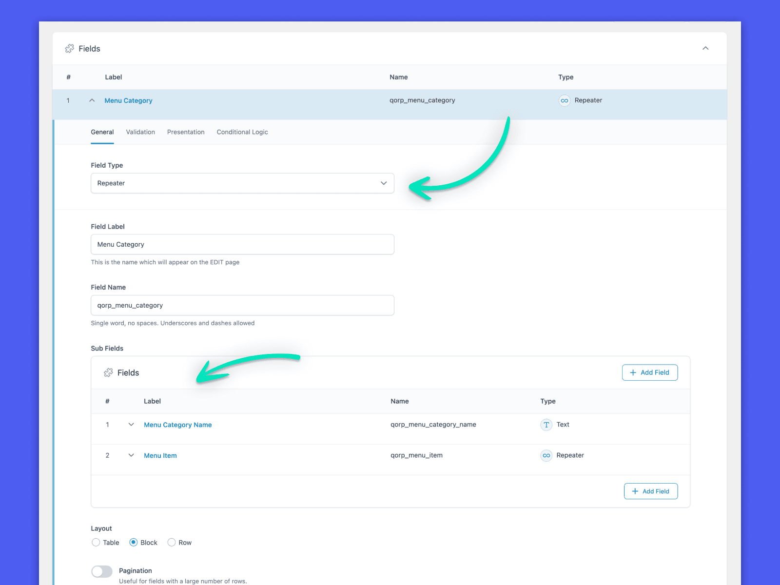 Setting up the “Menu Category” Repeater field in ACF PRO. The field contains two nested subfields: a text field for the Menu Category Name and an additional repeater for the Menu Item. 