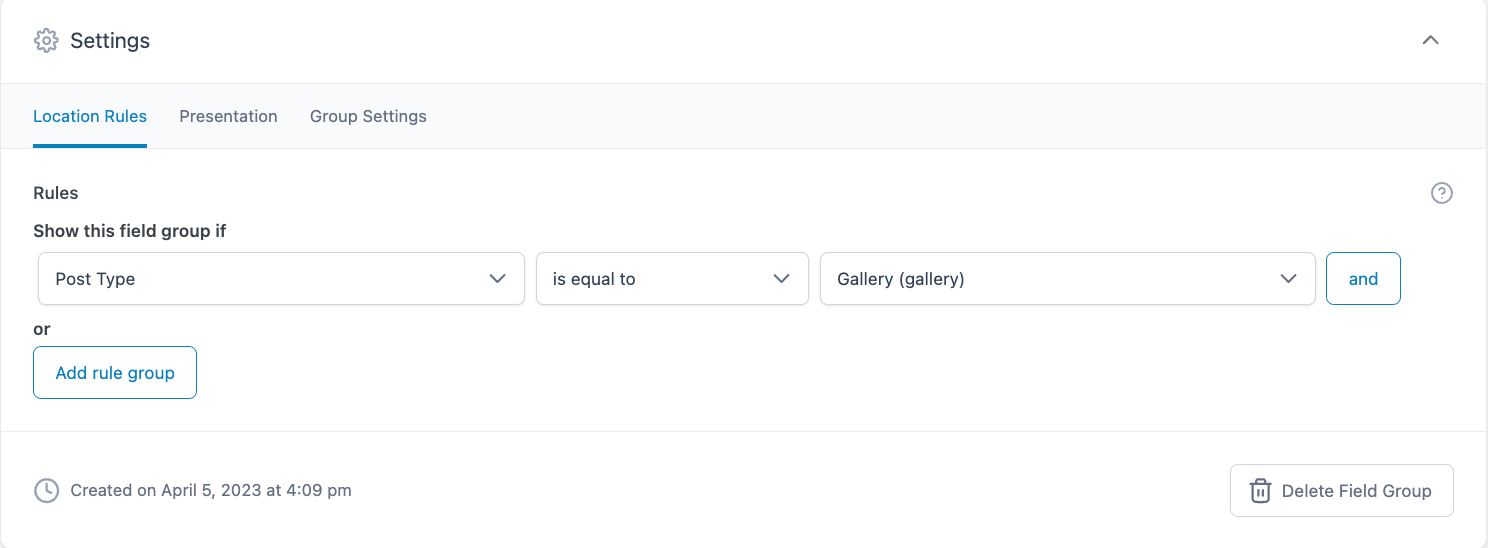 Setting Location Rules for an ACF field group containing a Gallery field. 