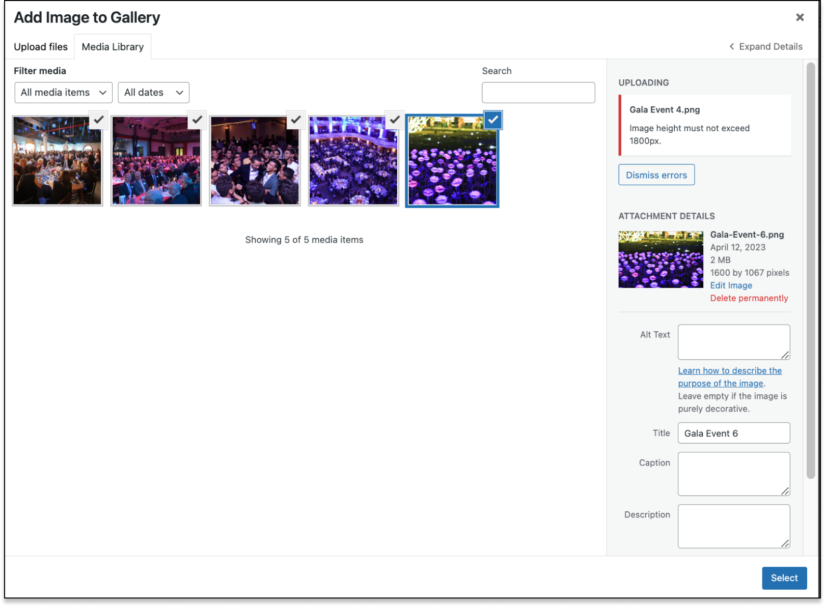 Setting validation rules ensures images uploaded to the Gallery field meet the right specifications. This screenshot shows a Gallery upload where one of the images has failed to upload because it did not meet the size specifications. 