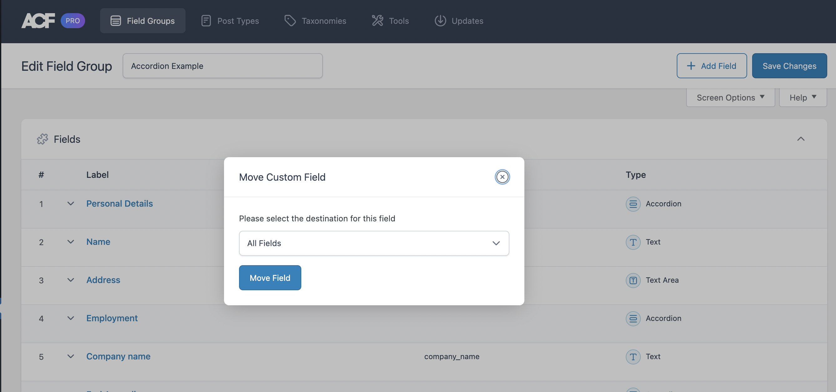 Selecting a destination field group.