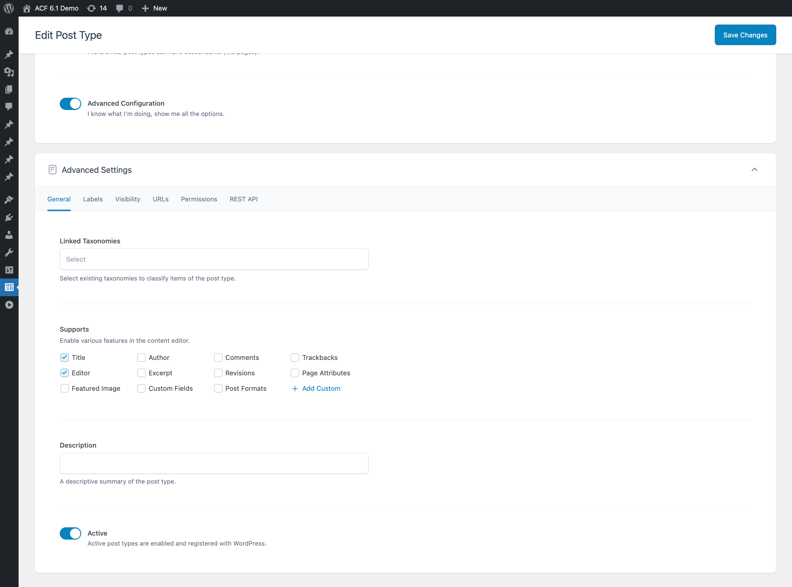 Advanced settings when registering a post type with ACF.