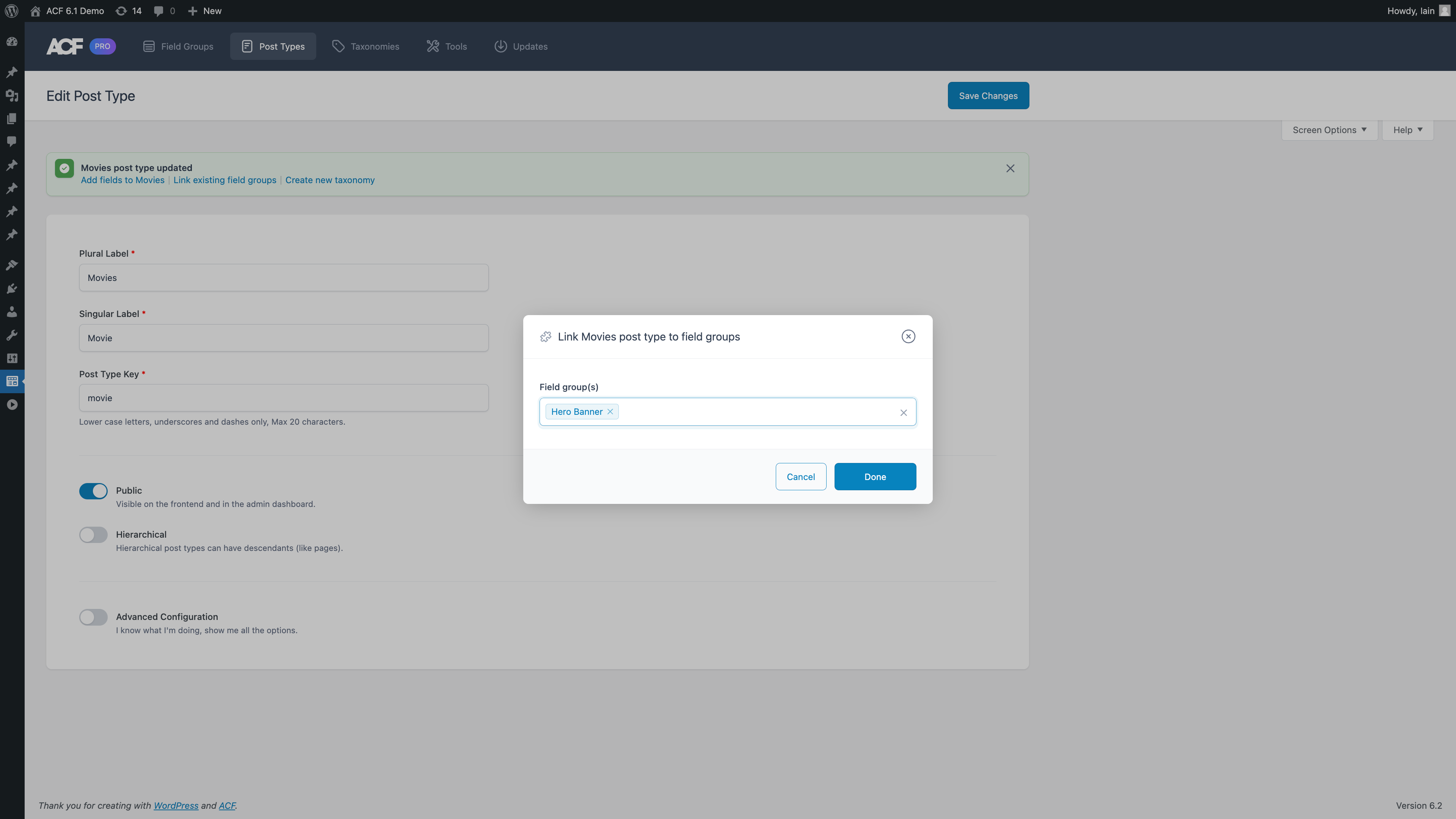 Connect a post type with existing field groups with ACF.