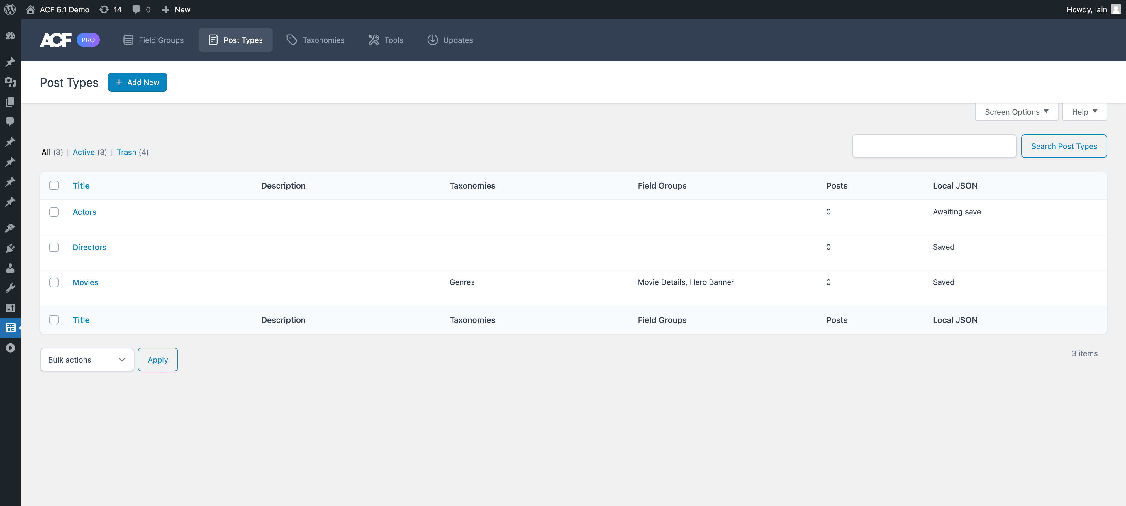 The ACF admin screen listing registered custom post types.