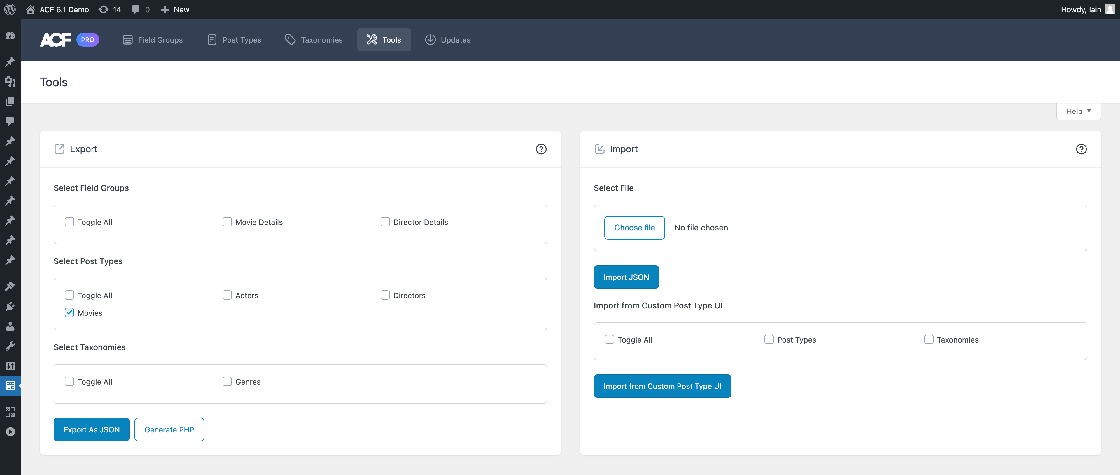 Importing post types and taxonomies created with CPTUI plugin.