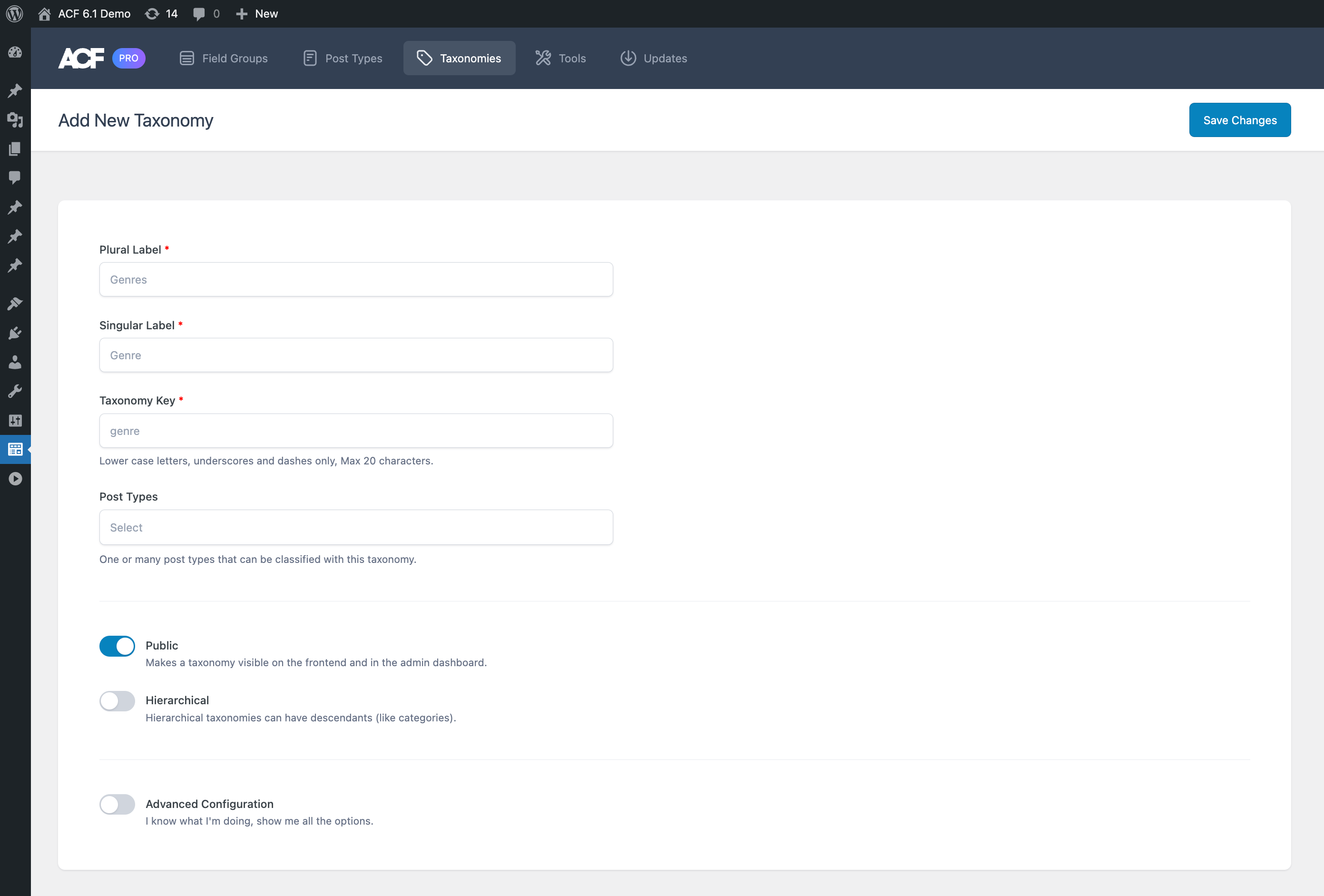 Adding a new taxonomy with ACF.