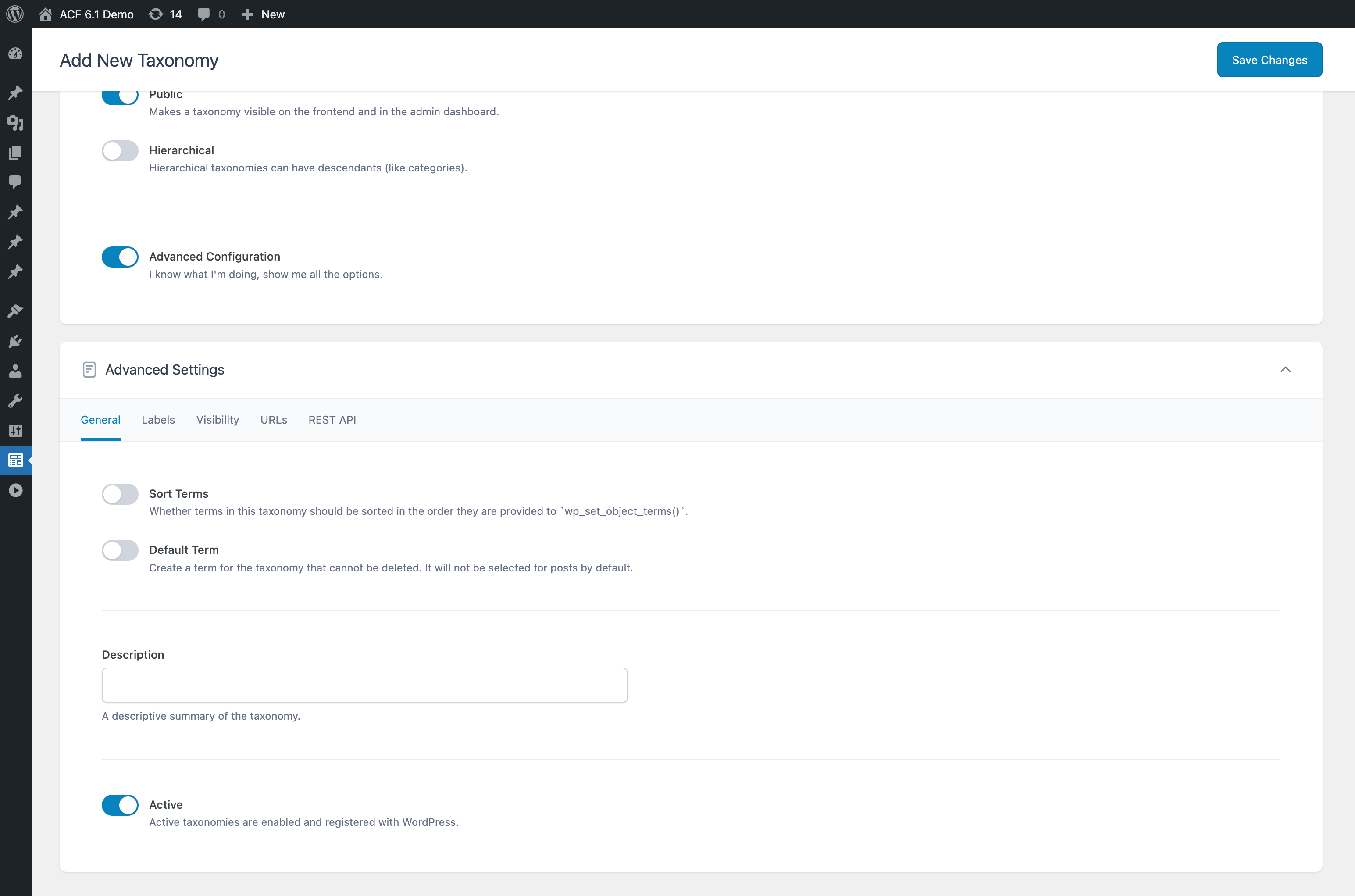 Advanced Settings when creating a taxonomy with ACF.