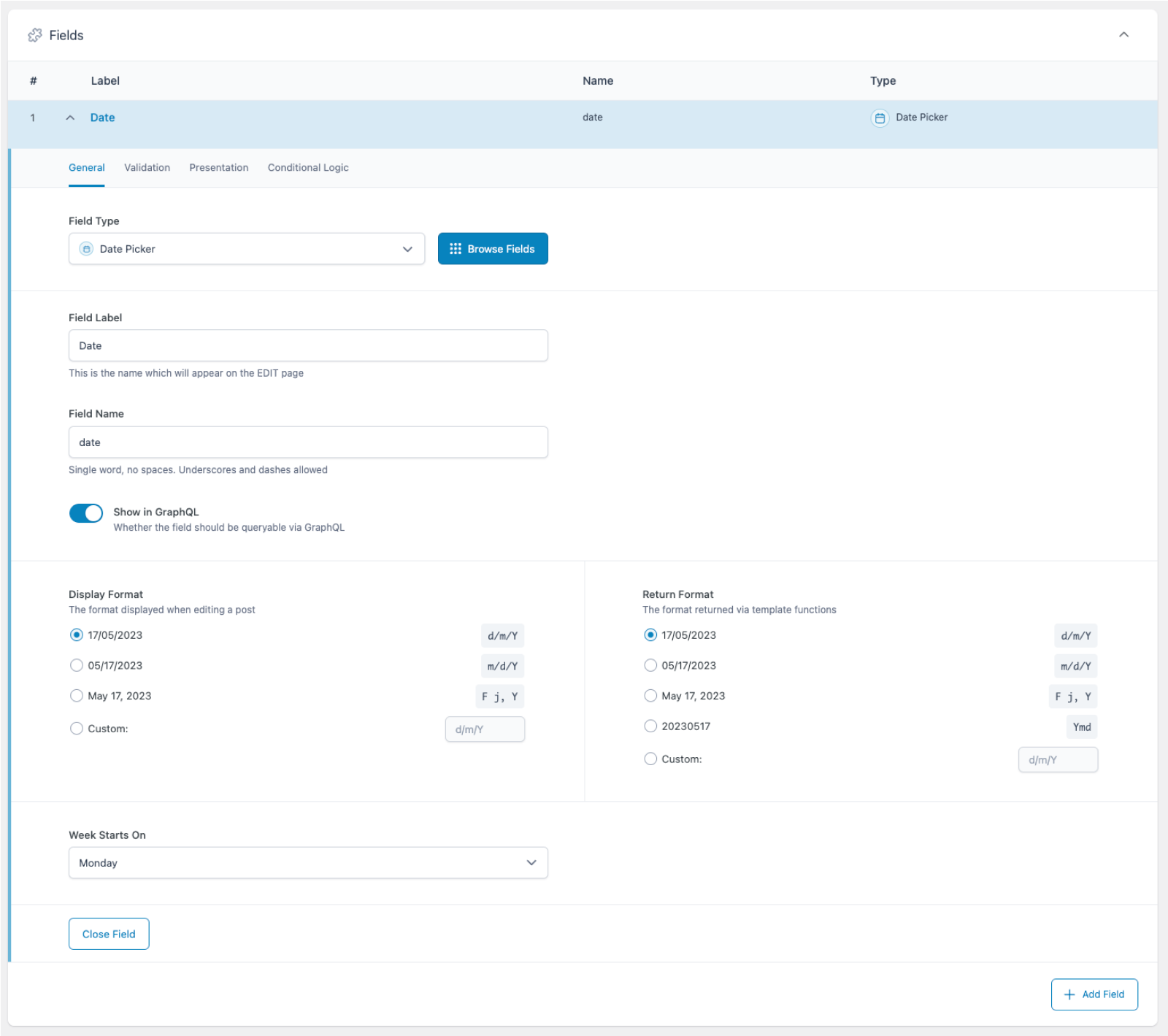 Creating a Date Picker Field in an ACF field group. 