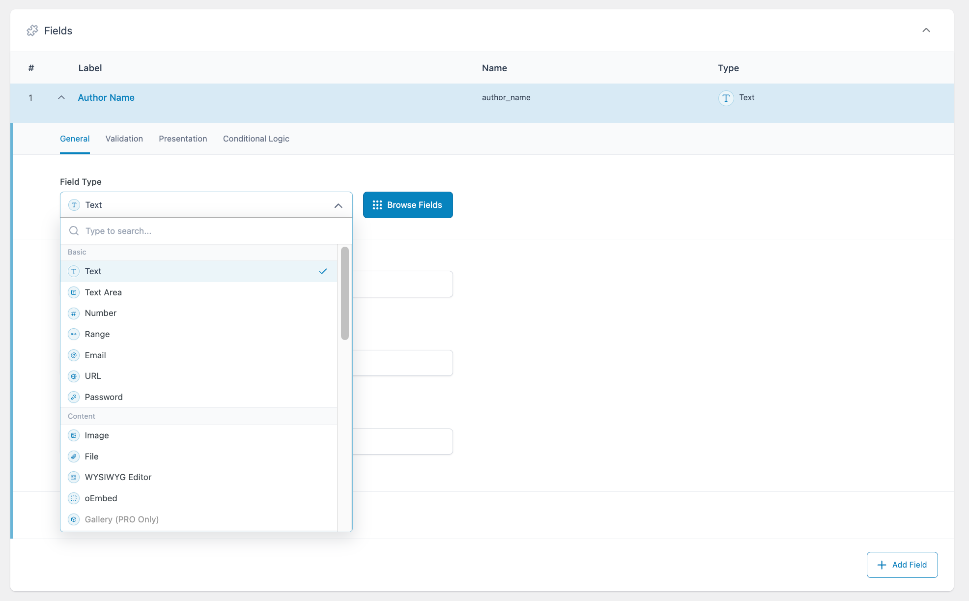 Creating the first field in an ACF field group. Fields can be selected via the dropdown menu or by clicking the Browse Fields button.