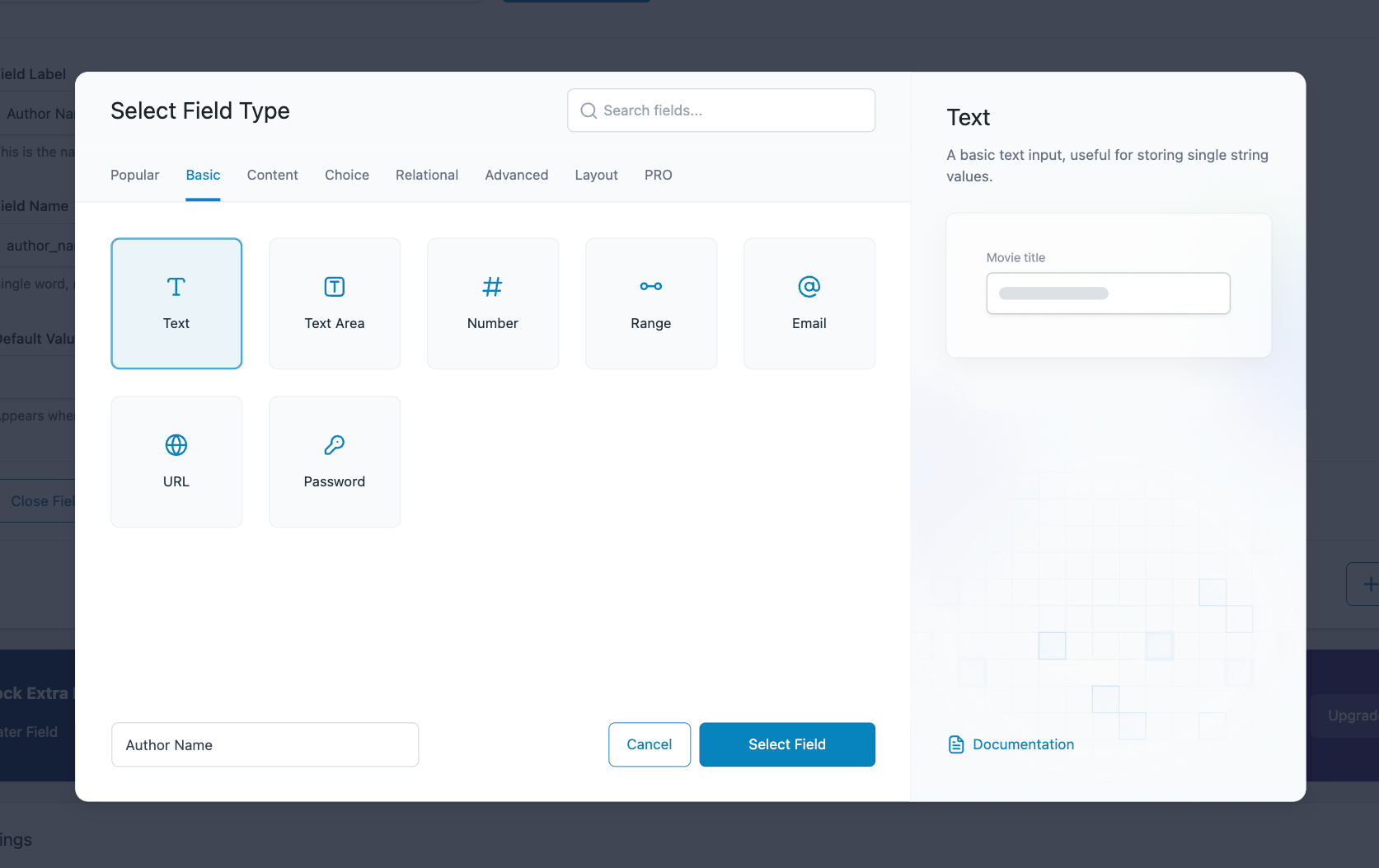 The field selection modal in ACF offers an alternative way to select fields. 