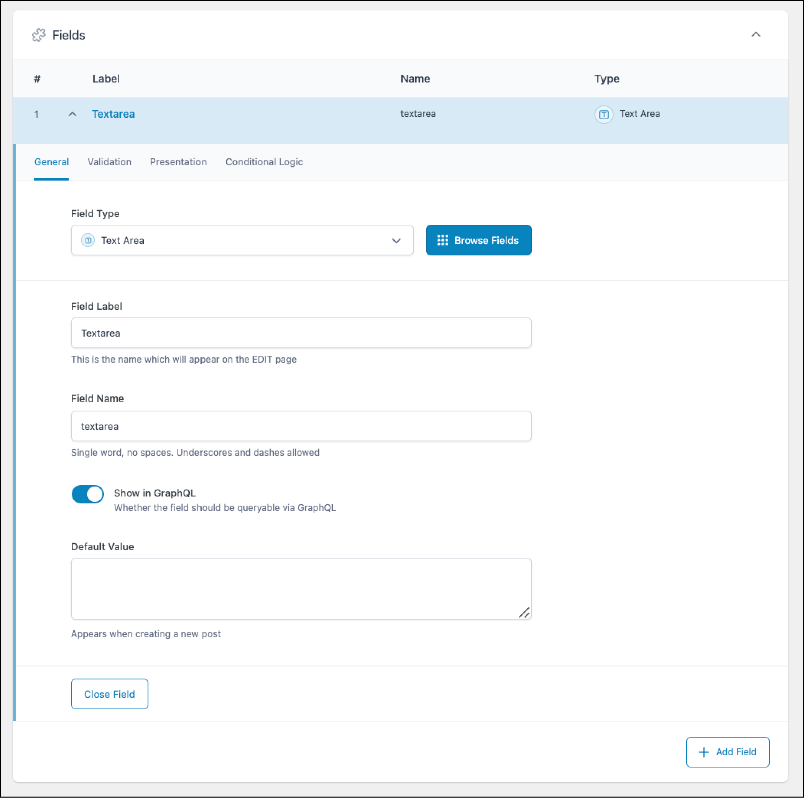 Creating a Text Area field in ACF. 